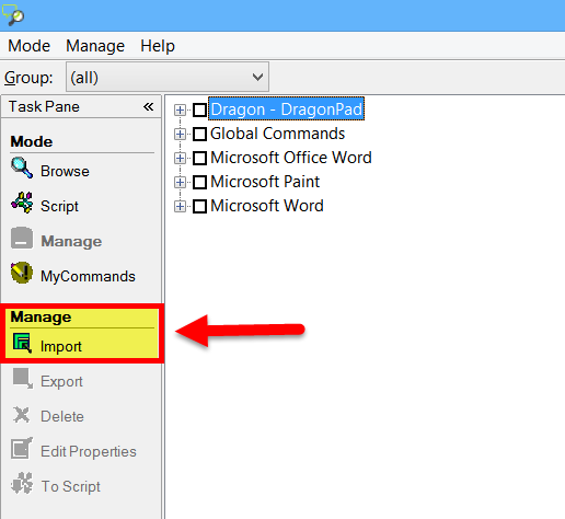 Using the import function in the Dragon Command Browser