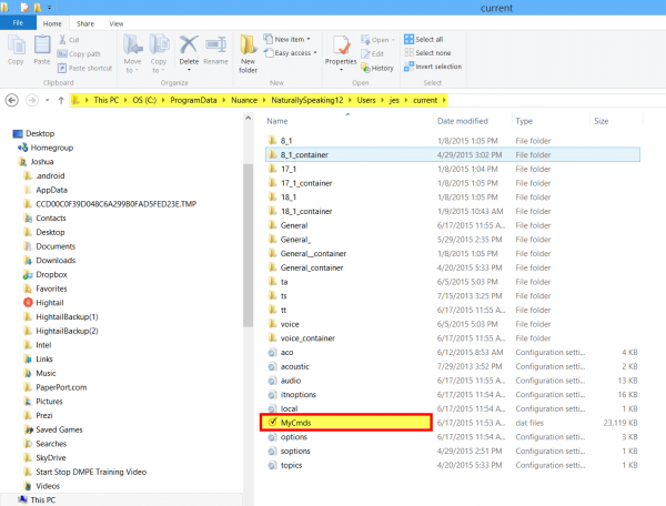 Dragon commands in Windows File Explorer