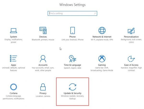 Windows Settings - Update and Security